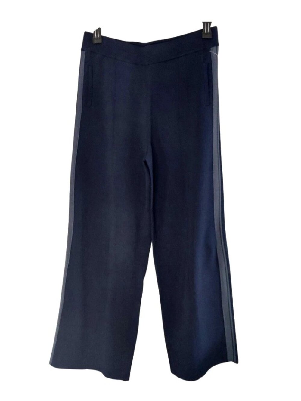 Reiss Womens Pants Size Medium Navy Blue Knitted Side Stripe Wide Leg Trousers - Picture 3 of 9